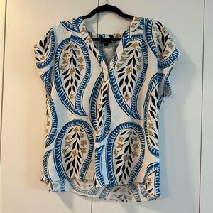 Ann Taylor Blue and White Graphic Blouse with Mandarin Collar